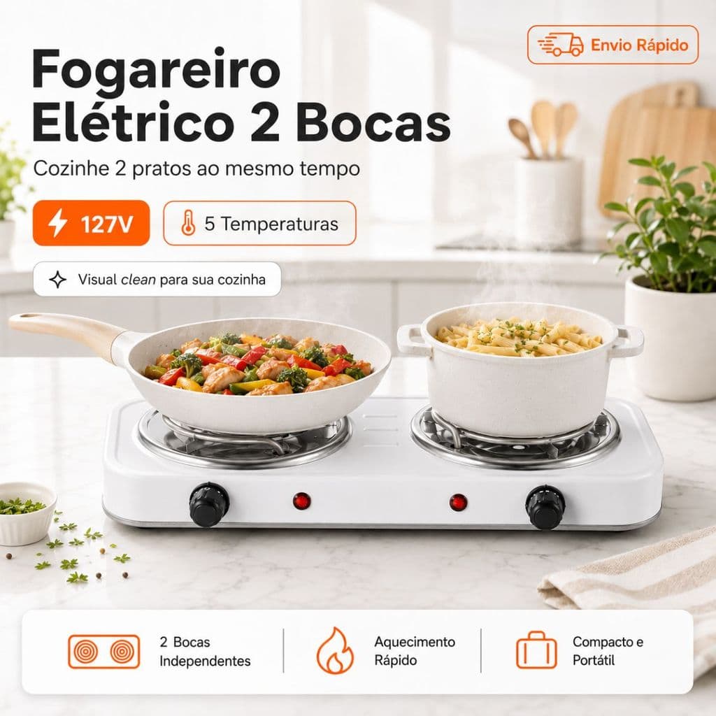 Fogão Fogareiro Elétrico Portátil Cooktop Camping 2000W 2 Bocas Branco 127V