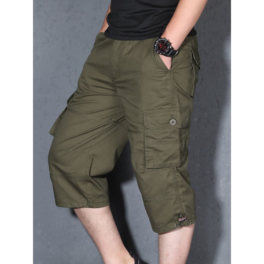 Calças cortadas masculinas de algodão puro, calças soltas casuais de tamanho grande de comprimento médio, Shorts de maca