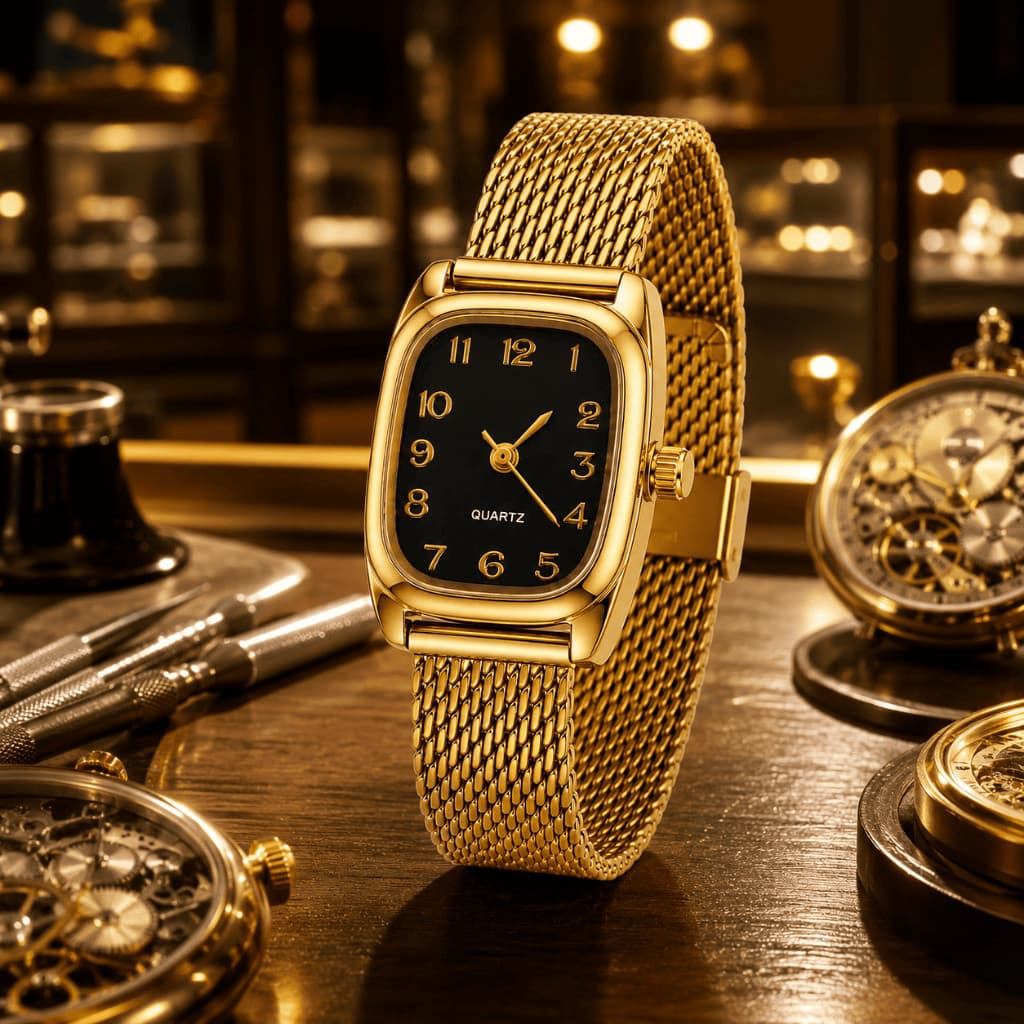 Relógio Feminino Dourado Quadrado Fino Pulseira Malha Milanese Quartz Vintage Retrô Delicado Casual Moderno
