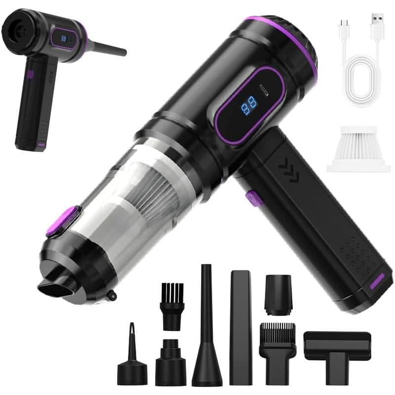 Mini Aspirador Portátil Para Carro , 15000PA , 2 Em 1 | Espanador De Ar E De Pó , Montado Com Display LCD , Vários Bicos
