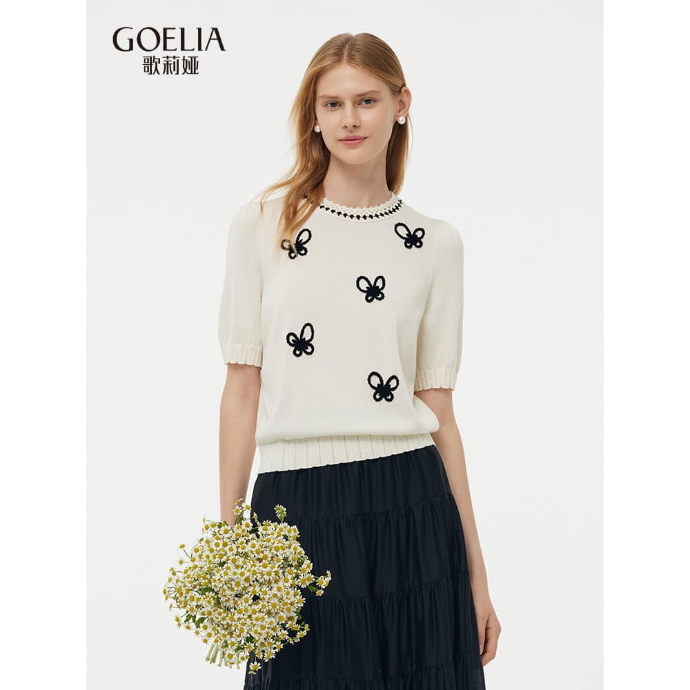 [Artesanato bordado à mão] Gelia Tencel Camiseta feminina malhas primavera novo estilo exclusivo Top de alta qualidade