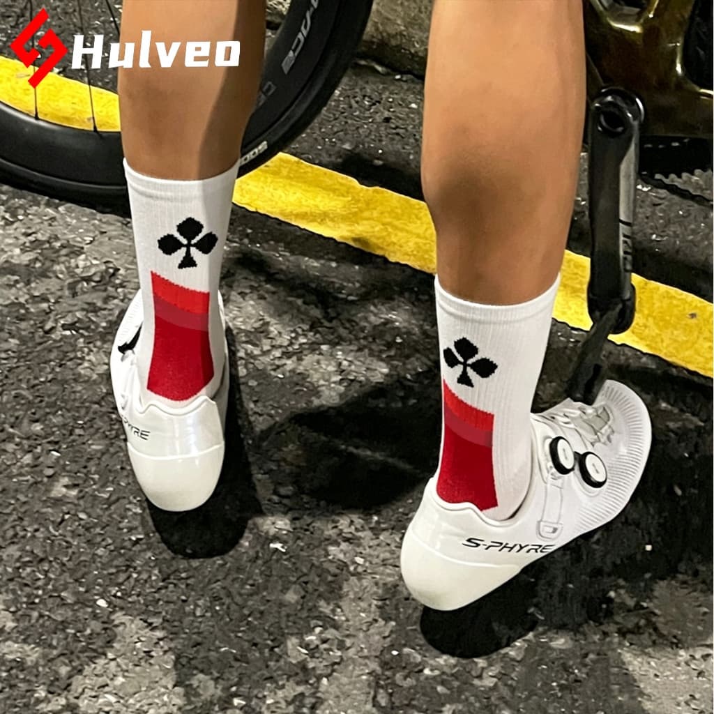 Meias de ciclismo Hulveo para bicicleta de estrada, cano médio, respiráveis, antiderrapantes, unissex, equipamento de ci