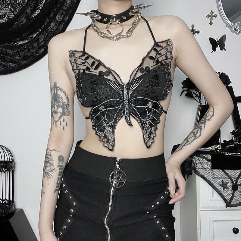 2026 novo estilo queroeste borboleta escura renda Halterneck colete Design sentir Punk quente menina Halter curto topo20