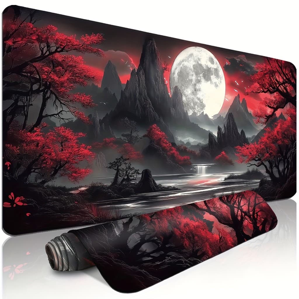 Tapete De Rato Para Jogos De Montanha Chinesa Escura De Bordo Vermelho , Borda Costurada , Borracha Antiderrapante , À P