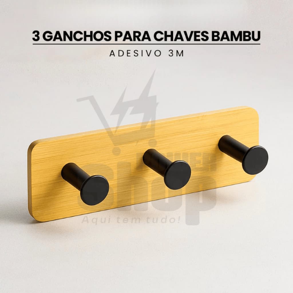 Suporte Gancho Triplo de Bambu Adesivo Multiuso Para Chaves e Bolsas Autocolante - Suporta Até 1,5KG