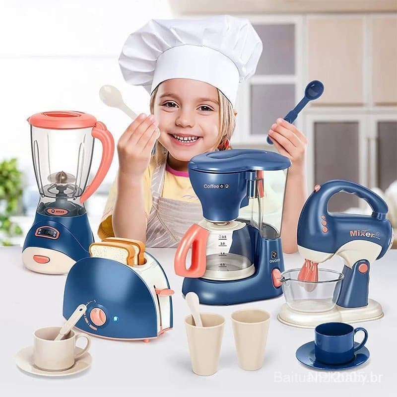 Mini eletrodoméstico de brinquedo para cozinha, conjunto de brincadeira infantil, inclui máquina de café, liquidificador