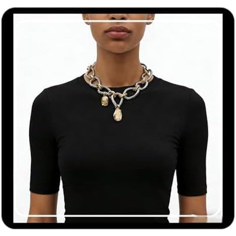 Colar De Elo De Corrente De Dois Tons Doubnine , Corda De Prata E Detalhes , Gargantilha Com Pingente