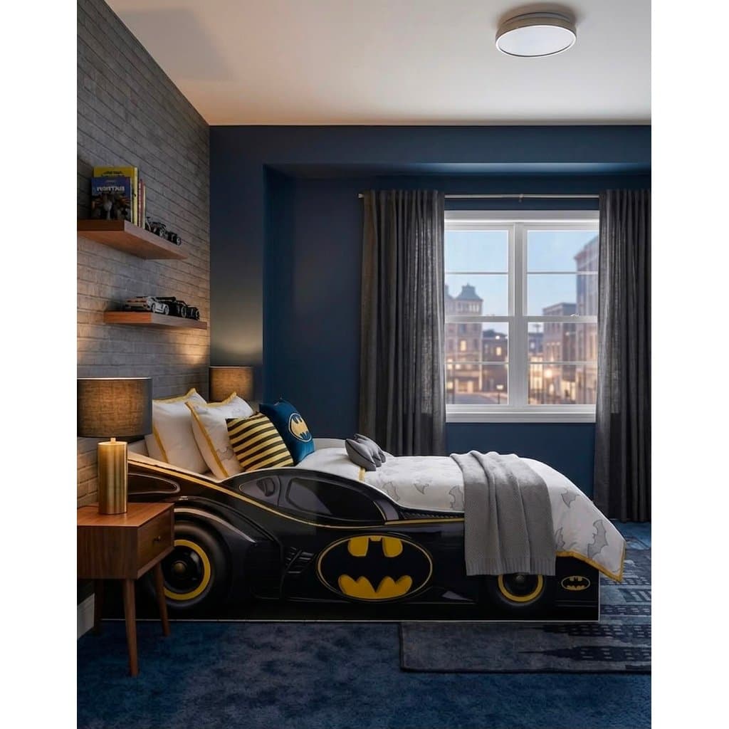LOJAS MABH Cama Carro Infantil Batman Com Colchão Cama Juvenil MDF Grade Proteção Design Esportivo Premium