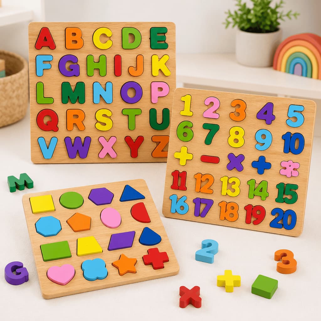 Tabuleiro Educativos Alfabeto Números e Formas Geométricas Brinquedo Montessori Madeira