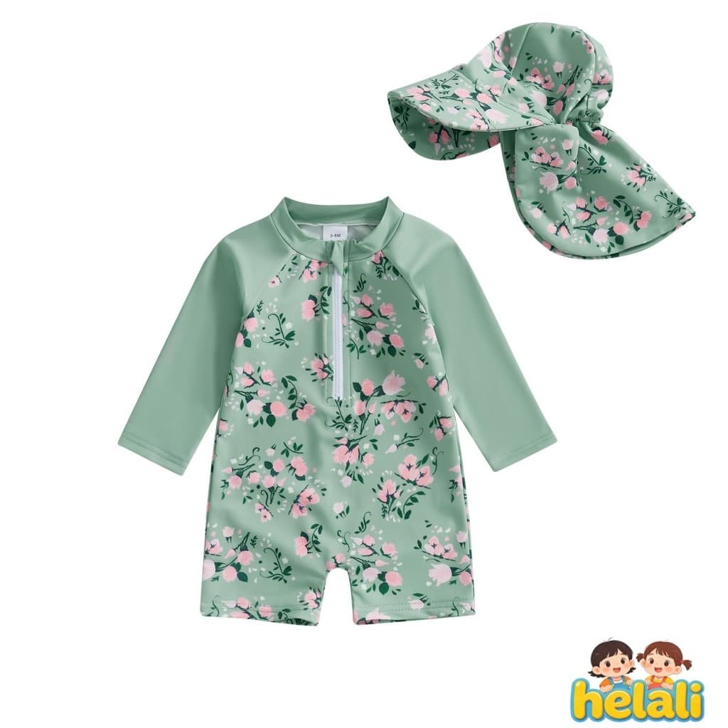 [helali] Conjunto De Chapéu De Banho Infantil De Manga Comprida Com Estampa Floral E Meio Zíper Proteção Contra Queimadu