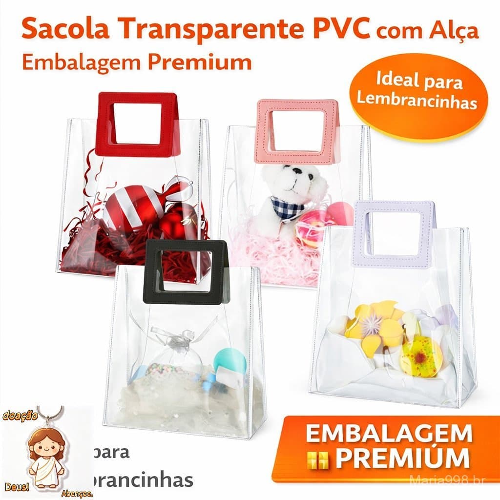 Kit 10 Sacolas Transparente PVC com Alça de Couro Sintético Bolsa para Presente Embalagem Premium