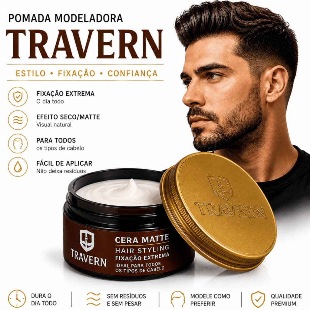 Pomada Modeladora Capilar Premium 70g Fixação Forte Efeito Seco Matte Ou Brilho Masculina Travern