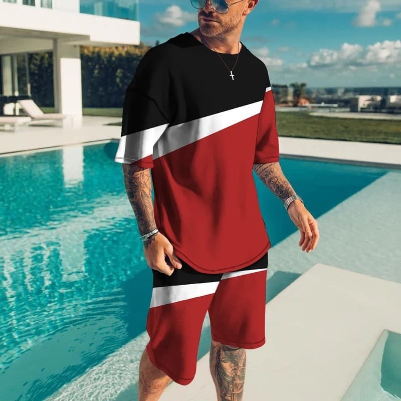 Conjunto Masculino de Impressão 3D: Shorts e Camiseta de Rua, Duas Peças, Cor Café, Casual, Solto, Gola Redonda, Agasalh