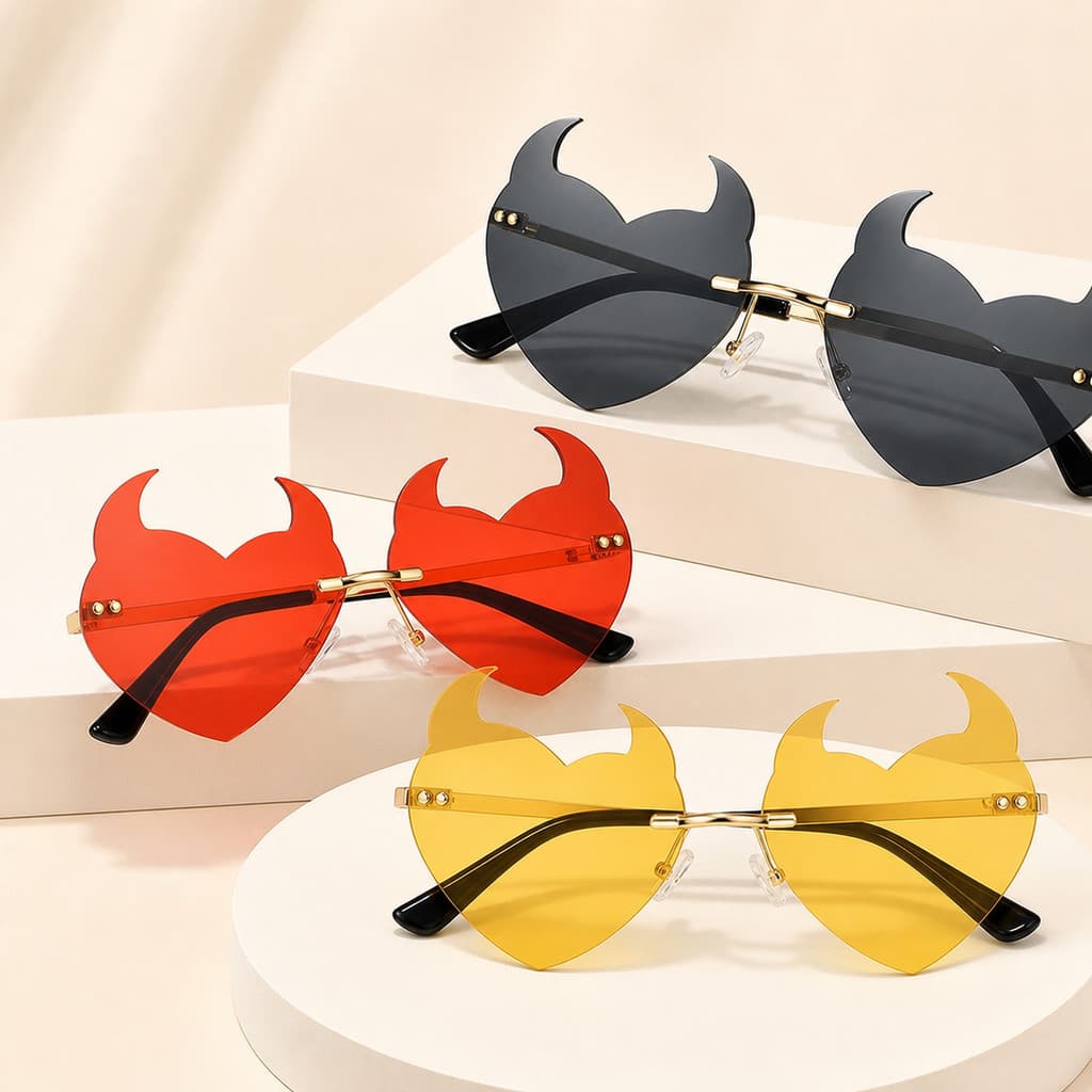 Óculos De Sol De Coração Sem Aro Para Mulheres , Tons Da Moda Com Chifre De Gato , Armação De Metal Leve , Modernos Fest