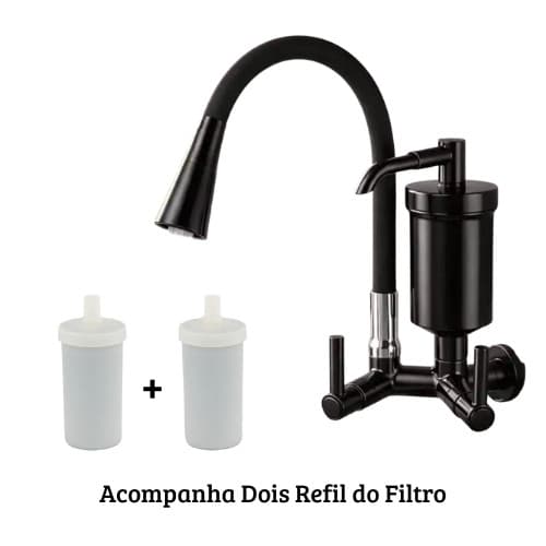 Torneira com Filtro Parede Cozinha Gourmet Flexível 1/4 Volta Preta Luxo + 2 Refil Para o Filtro