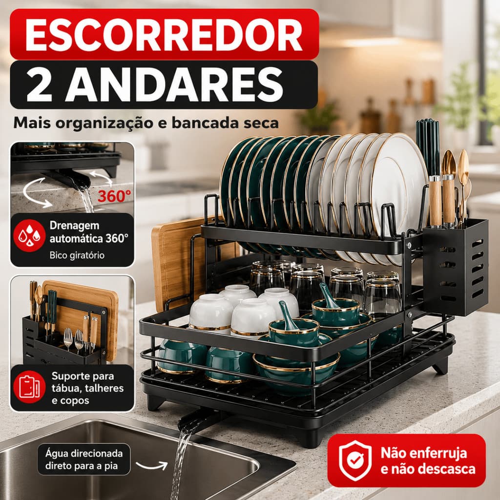 Escorredor de Louça Inoxidável 2 Andares Drenagem Automática Rack Bandeja 360º Pia Organizador