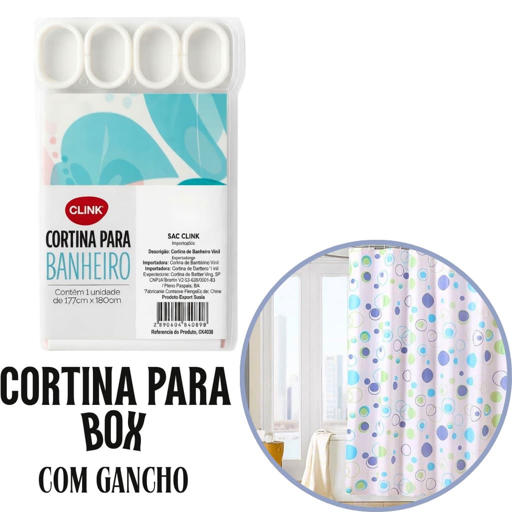 Cortina Para Box Banheiro 177cm x 180cm Com Ganchos Plástico Vinil Impermeável Estampada Lisa