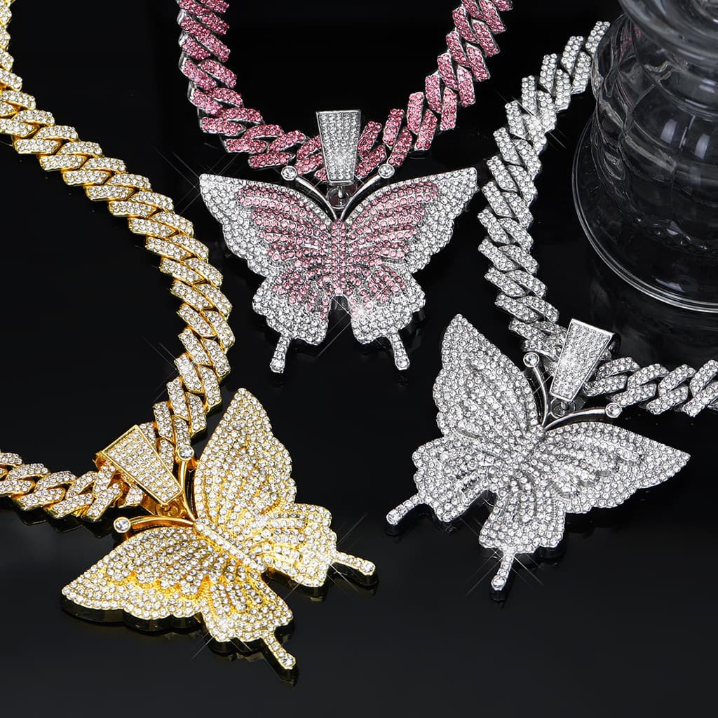 Hip Hop Colar Acessórios Moda Brasileira Liga Cheia De Diamante Unisex Borboleta Pingente Cubana Corrente Feminino