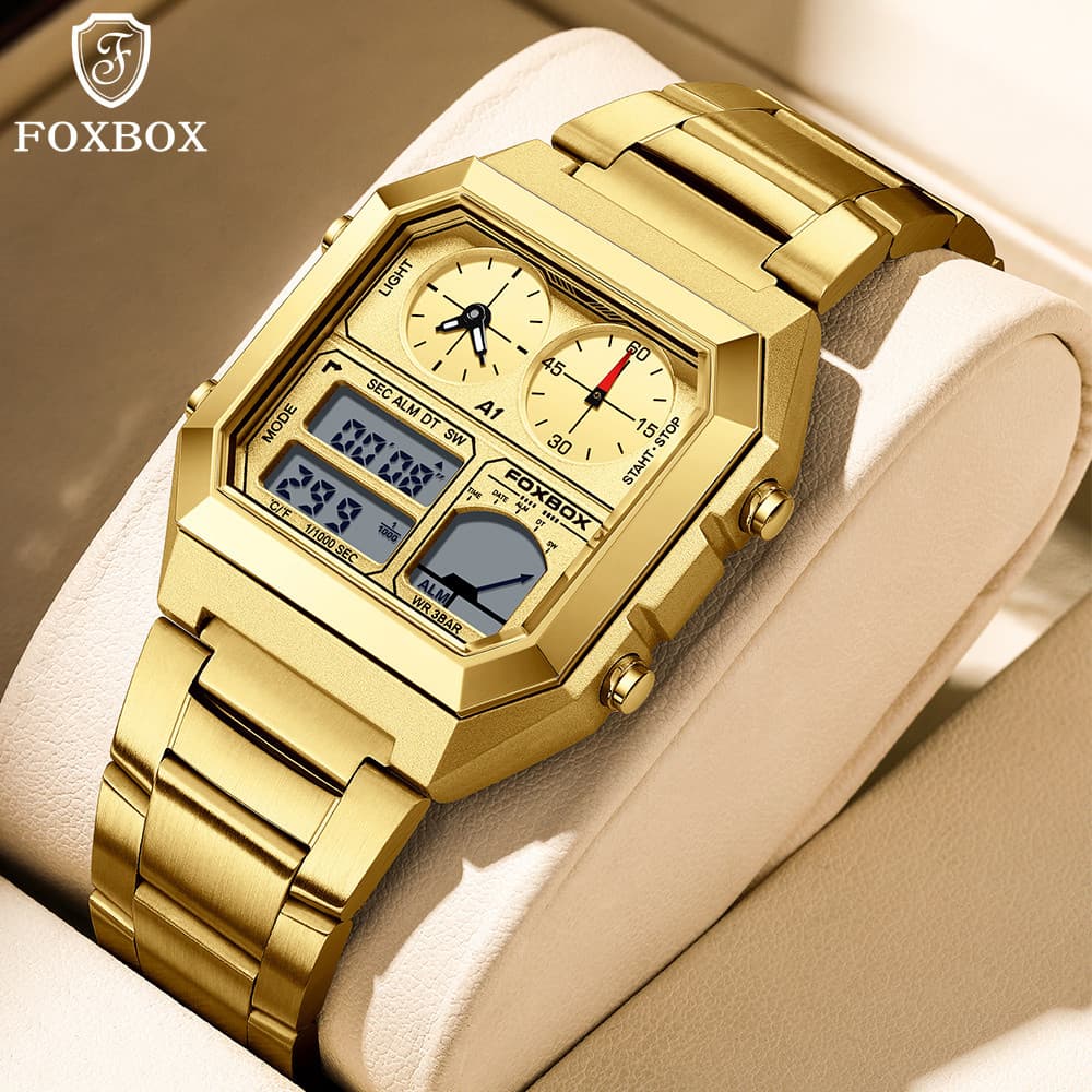 Relógio Eletrônico FOXBOX Masculino em Tom Dourado - Elegante com Duplo Display e Data Luminosa, Pulseira de Aço Inoxidá