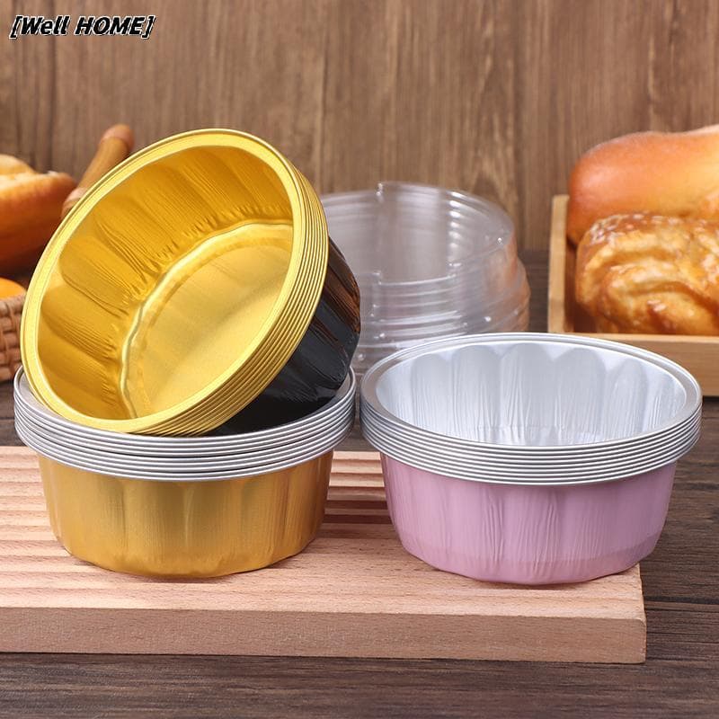 [Bem HOME] 10 Conjuntos De Recipientes De Bolo De Folha De Alumínio 250ml Forros De Panelas Com Tampas Copos Resistente