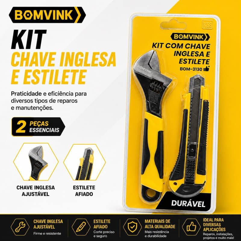 Kit Chave Inglesa Ajustável 8 Pol + Estilete Profissional BOMVINK Multiuso Resistente