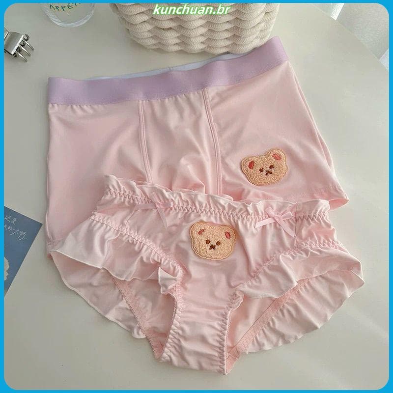 Bonito doce urso leite seda casal roupa interior um masculino um feminino cintura média sem costura renda bordado puro