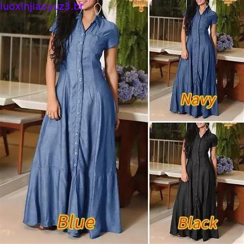 Europa e América internacional novo vestido longo csa gola bolso vestido grande vestido jean casual plus size vestido