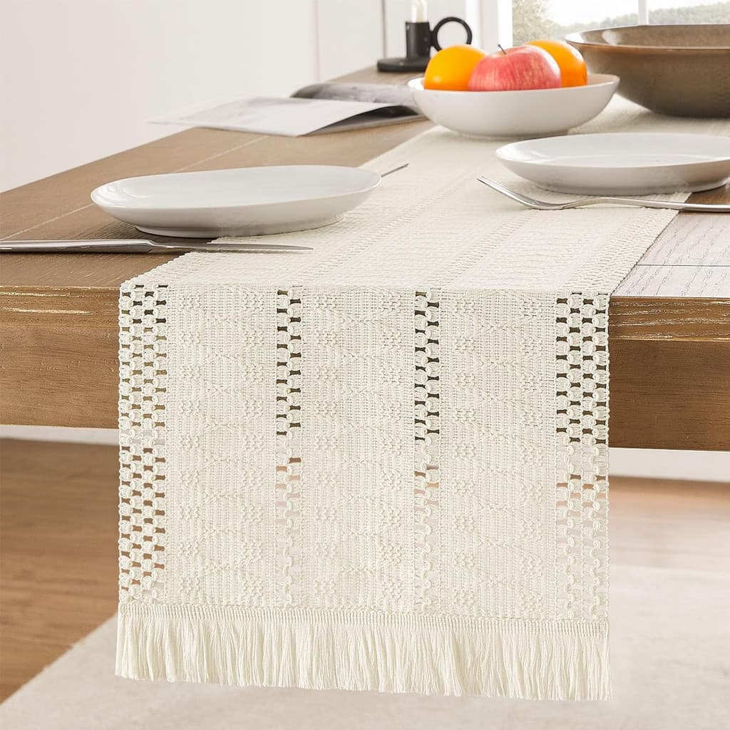Toalha de mesa estilo casa de campo, feita de linho natural com um toque boêmio, decorada com renda de crochê moderna, p