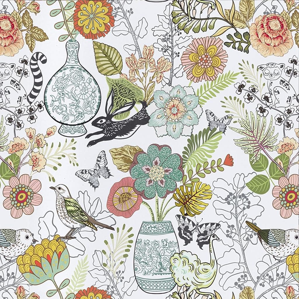 Papel de Parede Decoroom Boho Floral Autoadesivo, Papel de Contato com Padrão de Animais, Pássaros e Flores, Papel de Pa