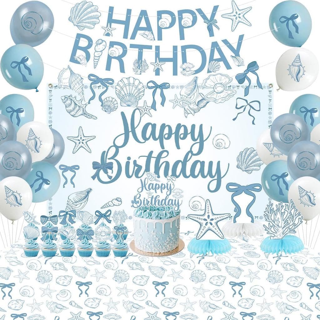 Decorações de Festa de Aniversário com Tema de Conchas, Decorações de Aniversário Costeiras Incluem Faixas, Painel de Fu