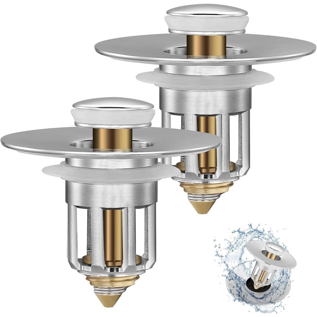 Bathroom Sink Stopper (Pack of 2), Full Brass, Universal Pop Up Sink Drain Strainer with Detachable Filter Basket Hair C