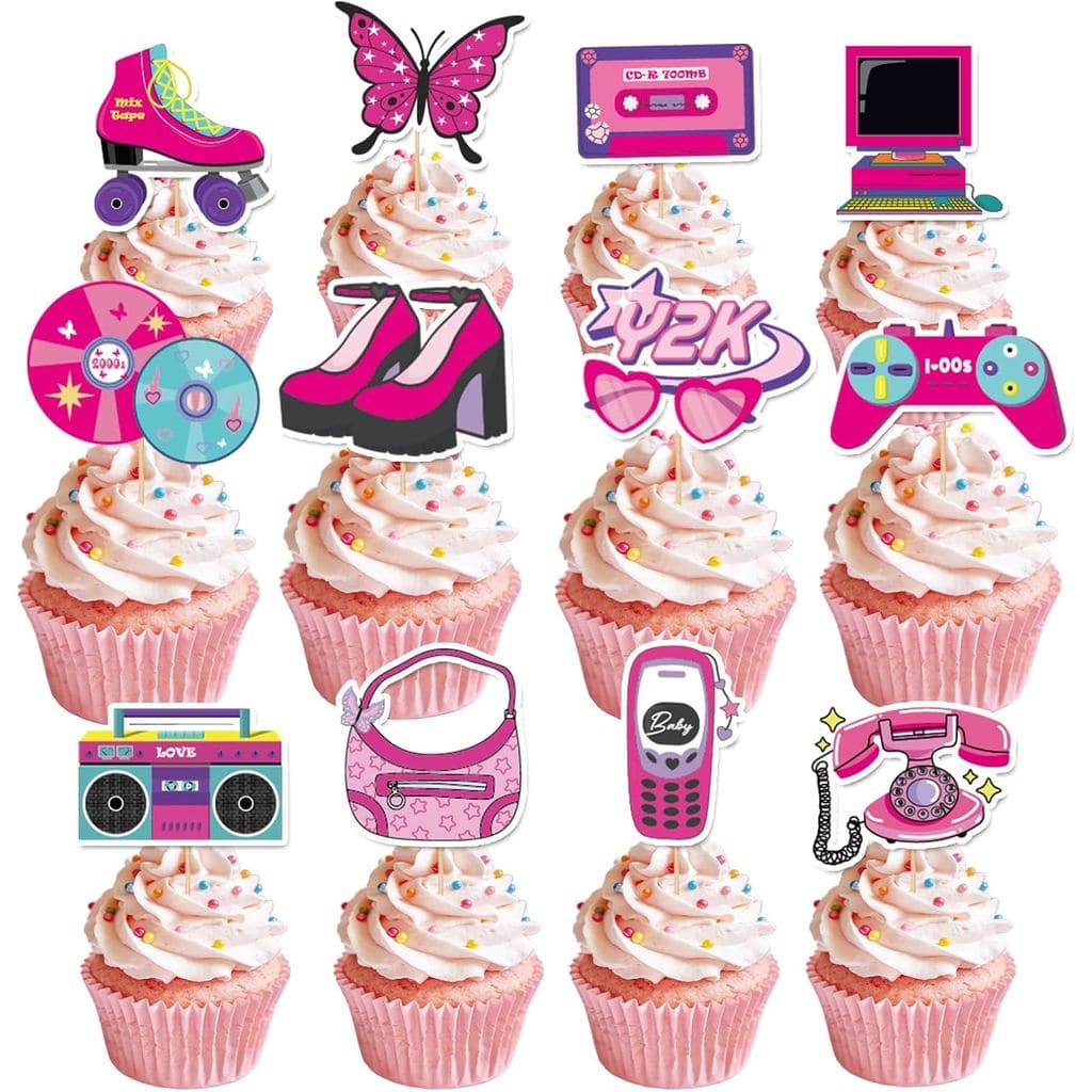 36Pcs Y2k 2000s Party Cupcake Toppers Y2k Party Decorations Early 2000s Pink Party Cupcake Picks Decor Supplies for 00s