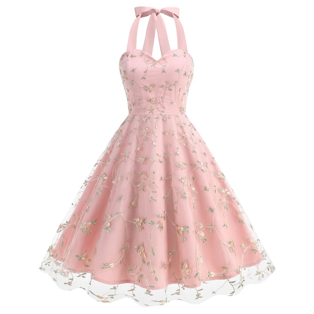 Halter Floral Bordado Tule Vestido Feminino Doce Coração Pescoço Midi Festa Casamento Vestidos De Convidados