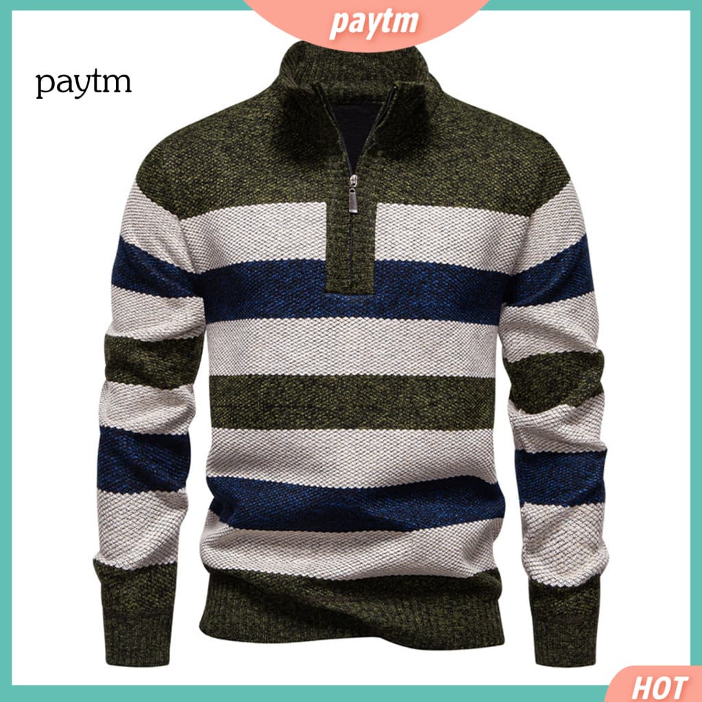 Color Block Zippered Turtleneck Casual Knitwear for Men Men's Knitted Sweater Half-zip Pullover Long Sleeve Top – Styl