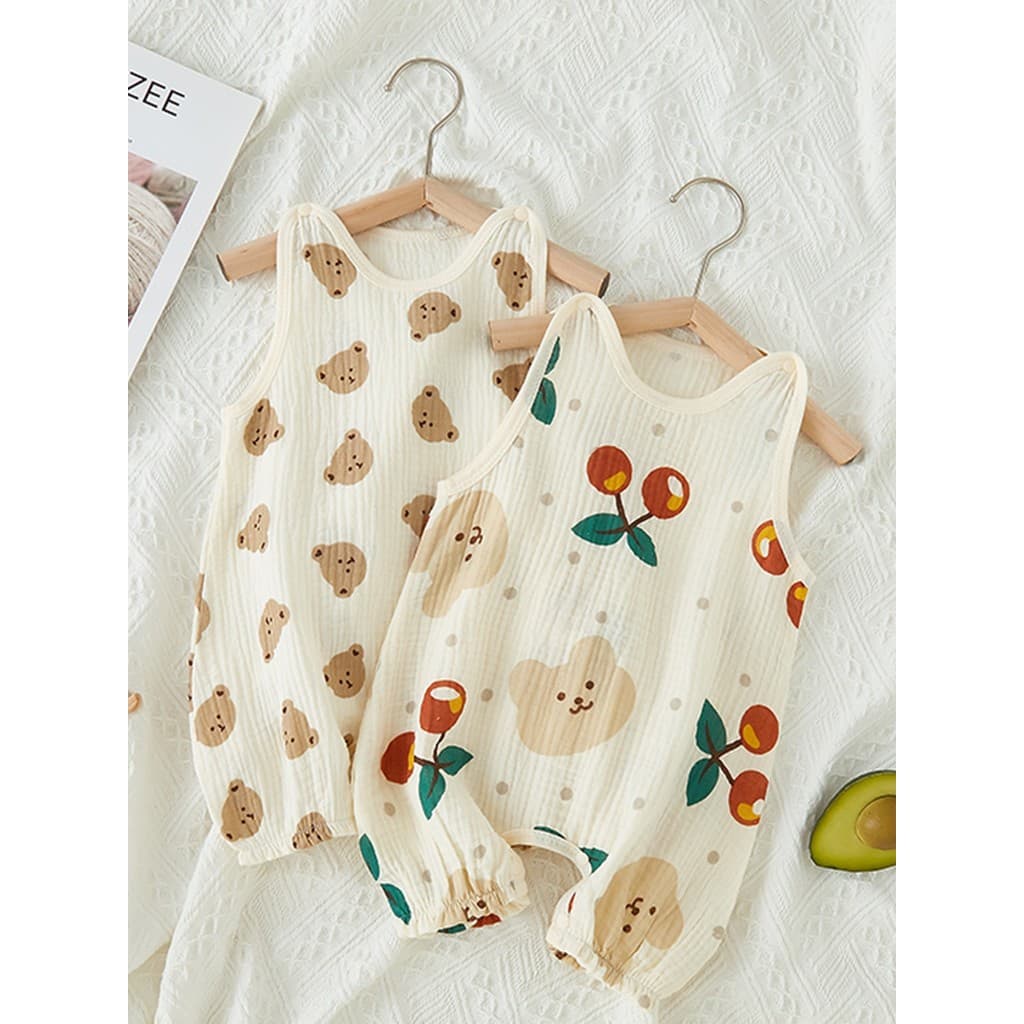 Verão bebê camisola urso colete sem mangas puro algodão gaze fina cereja Shorts macacão
