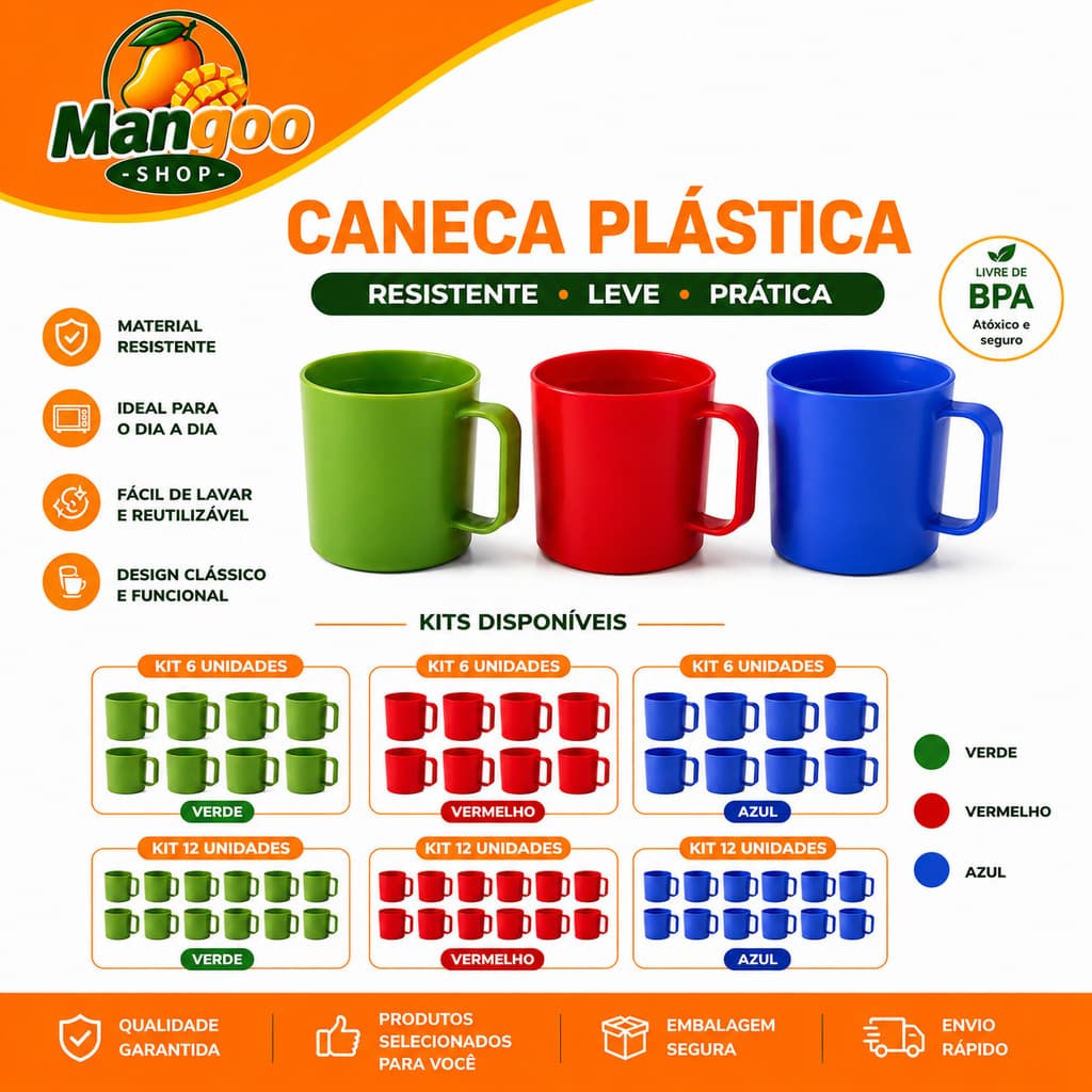 Kit 10 Canecas Plásticas 200ml Coloridas Reutilizável BPA Free Escolar Merenda