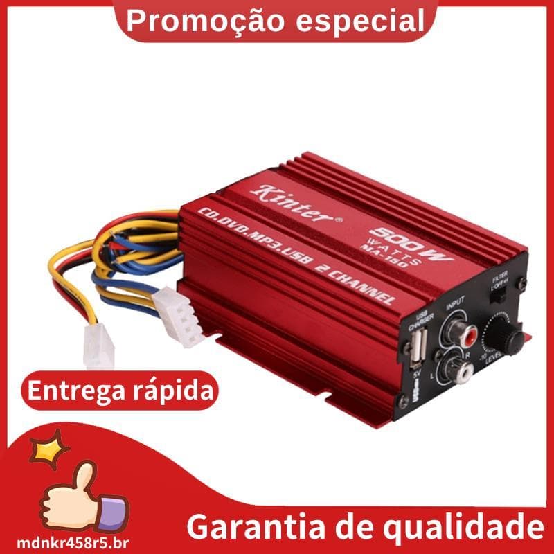 Amplificador De Áudio Para Carro Cabo 12V 2 Canais Mini Estéreo Amp Subwoofer Porta USB Mp3 . mdnkr458r5br