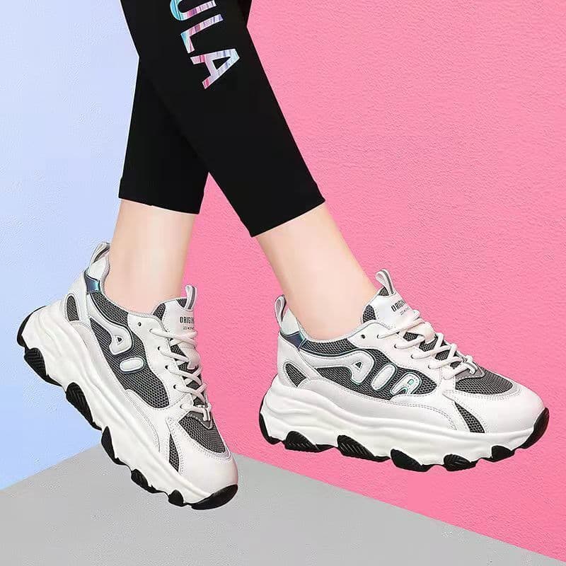 2025 primavera novo estilo sapatos femininos plataforma sola papai sapatos malha respirável tênis moda sapatos casuais