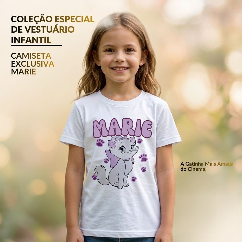 Camiseta Infantil Feminina Marie Gatinha Estampada Manga Curta Confortável Casual para Meninas