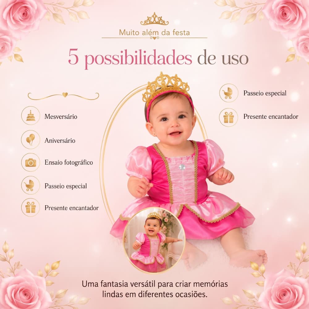 Body Fantasia Aurora Infantil Princesa Rosa Luxo com Tiara P M G 1 Ano e 2 Anos