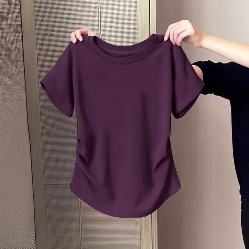 Camiseta feminina de manga curta em formato de pêra ligeiramente gorda MM, ajuste fino, capa de carne