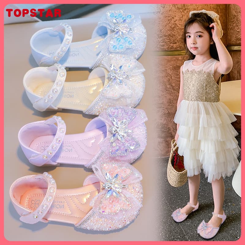 Sapatos de cristal para meninas, sapatos de princesa com laço para crianças, sandálias de salto semi-alto para meninas,