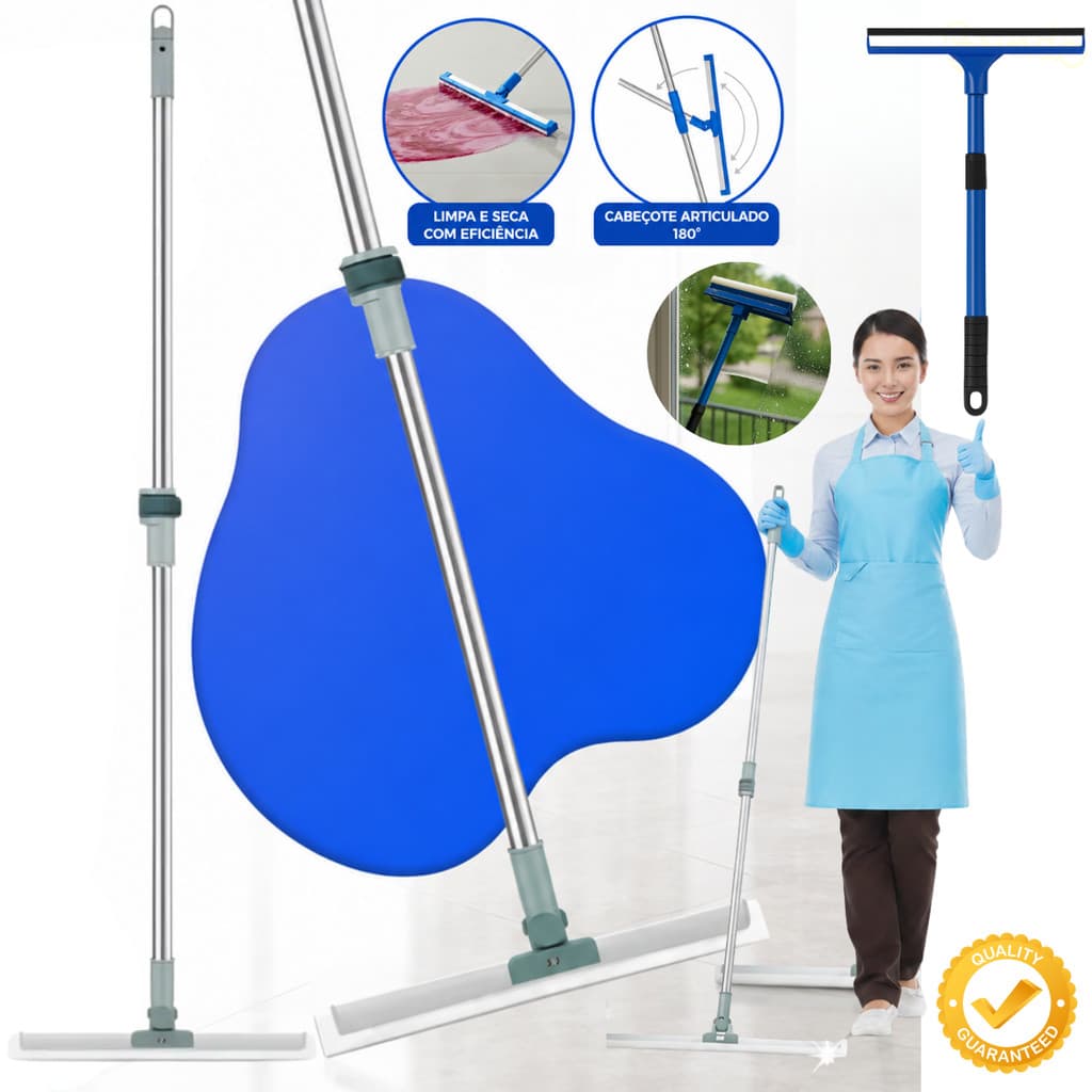 Kit Rodo Silicone Vassoura Mágica Extensivo 1,45m + Mop Limpa Vidros Janelas Espelhos Profissional