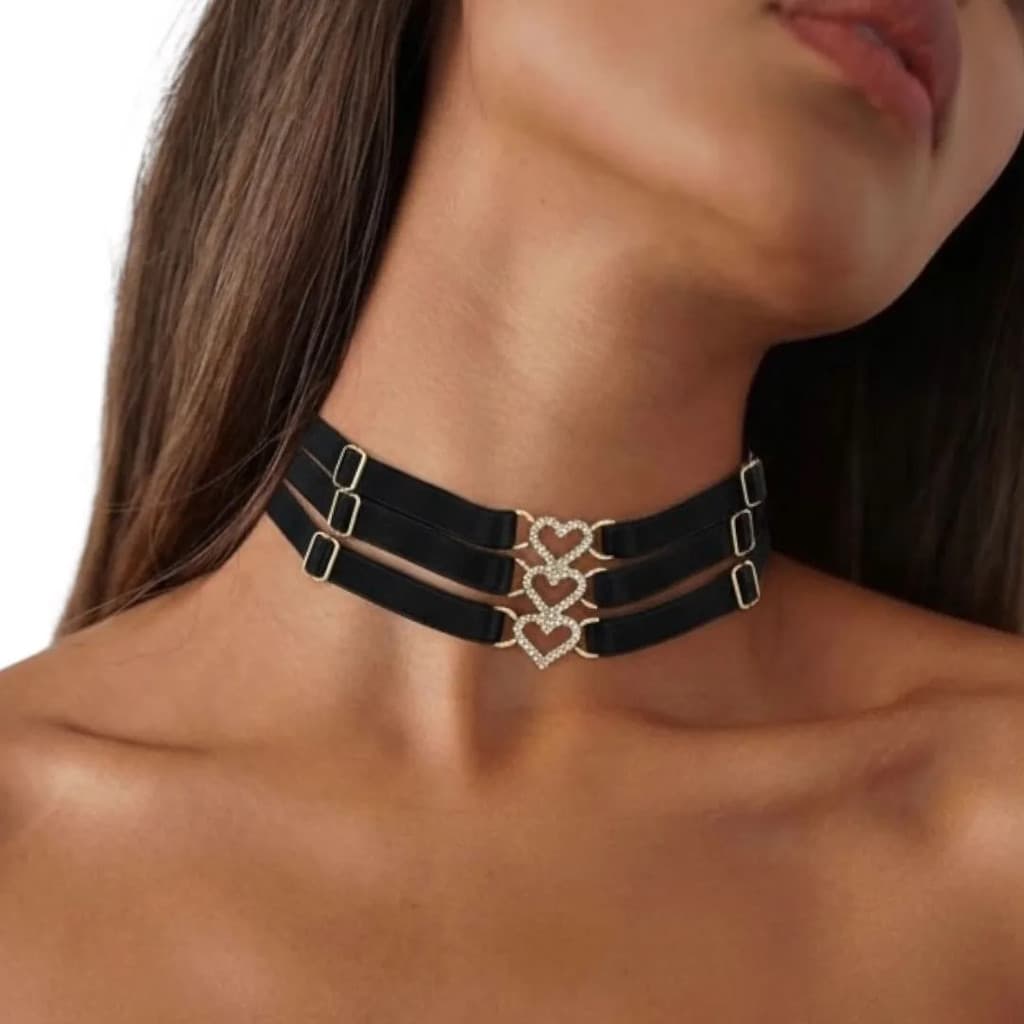 Chocker De Alça C/ 3 Corações Ajustável Banhado 24k
