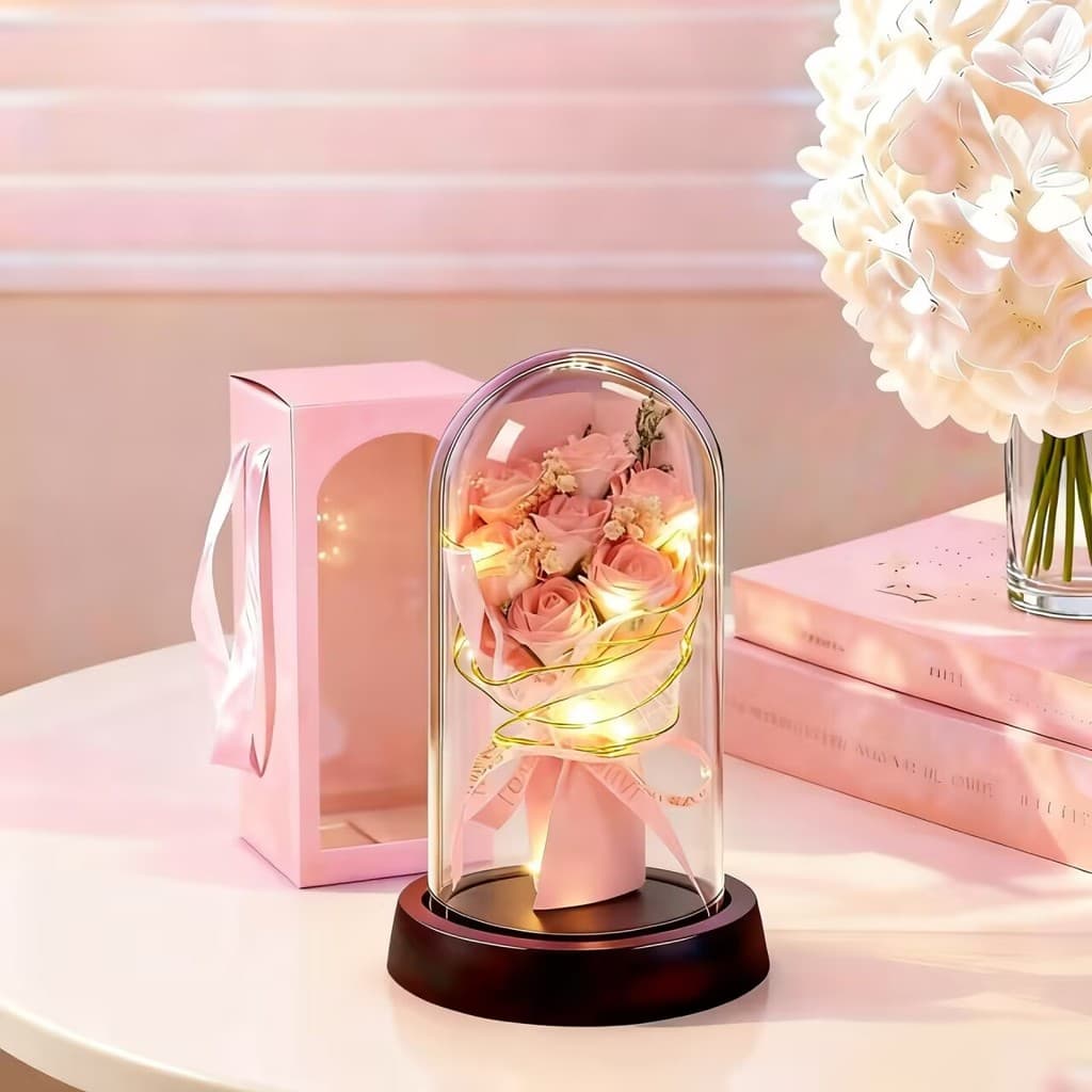 Rosa Encantada com Luz LED - Flor Eterna Decorativa em Cúpula de Acrílico Presente de aniversário para namorado