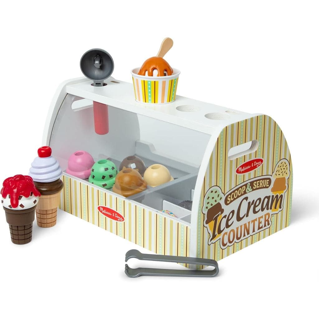 Melissa & Doug Balcão de Sorvete de Madeira para Servir e Pegar, Loja de Brincadeira, 28 Alimentos de Brinquedo e Acessó