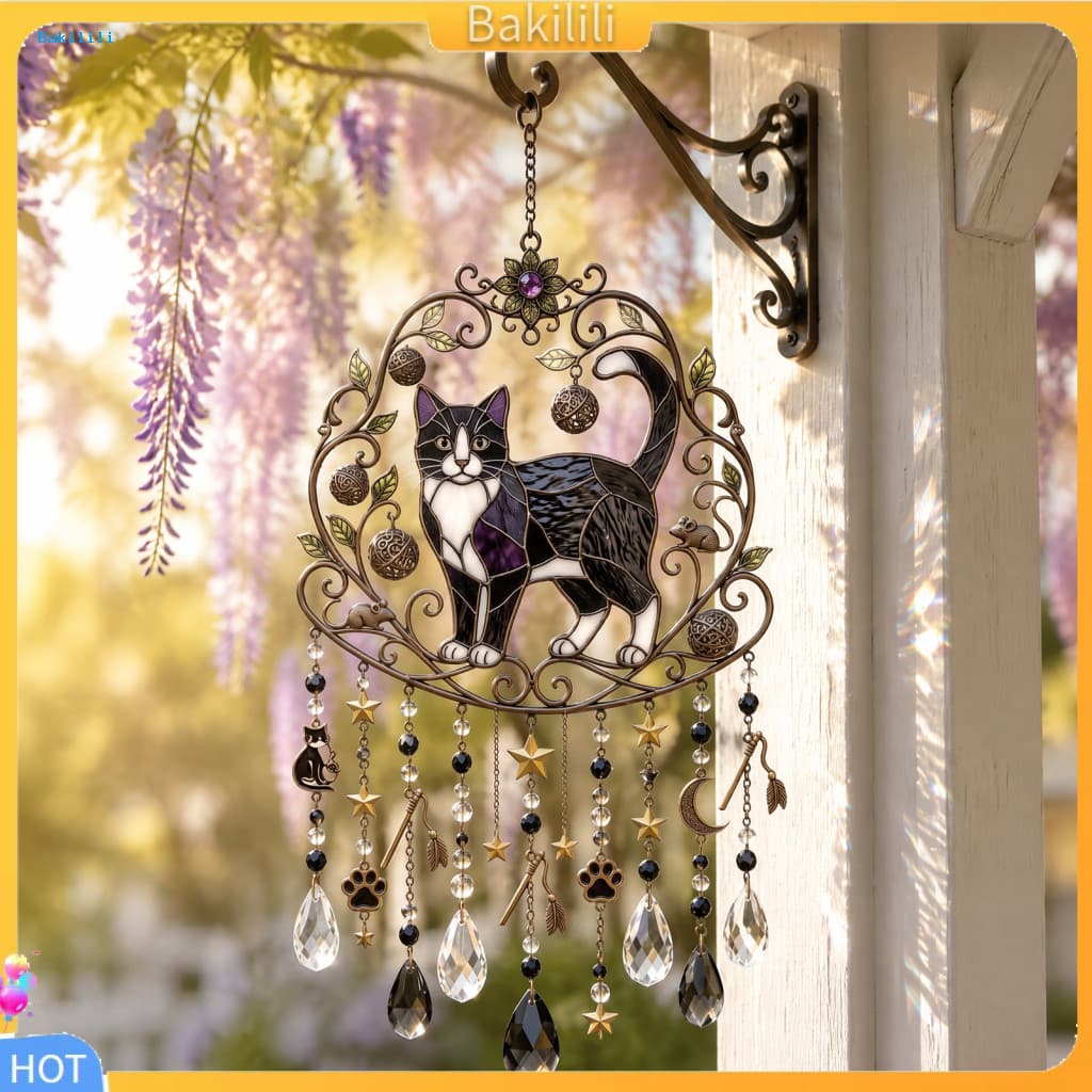 { Bakilili } Coletor De Sol Acrílico Amante De Gatos Cat Wind Chime Suncatcher Com Gotas De Prisma De Arco-Íris Decoraçã