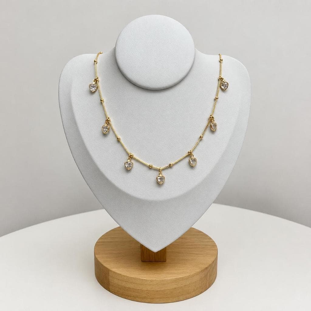 Colar Feminino Coração Pendurado Zircônias Banhado a Ouro 18K