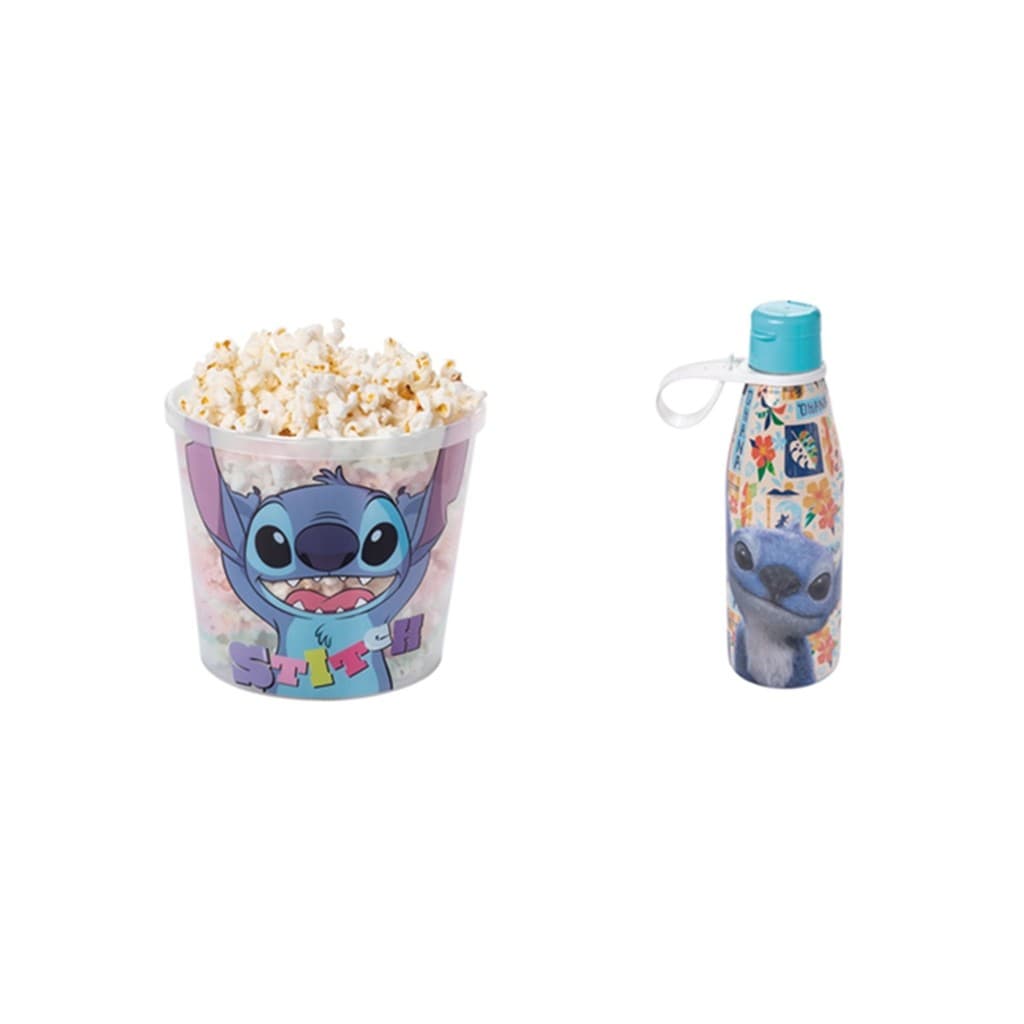 Kit Garrafa + Balde Pipoca Pote Stitch Lanche Filme Plasutil