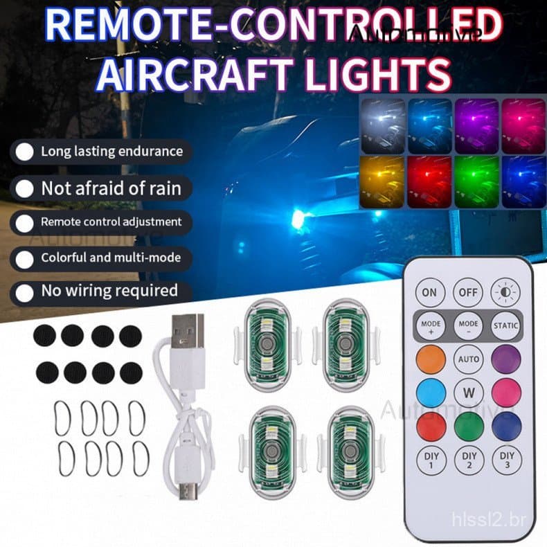 Luzes Estroboscópicas RGB LED com Controle Remoto de 7 Cores para Aeronaves, Luzes de Motocicleta, Luzes de Posição LED